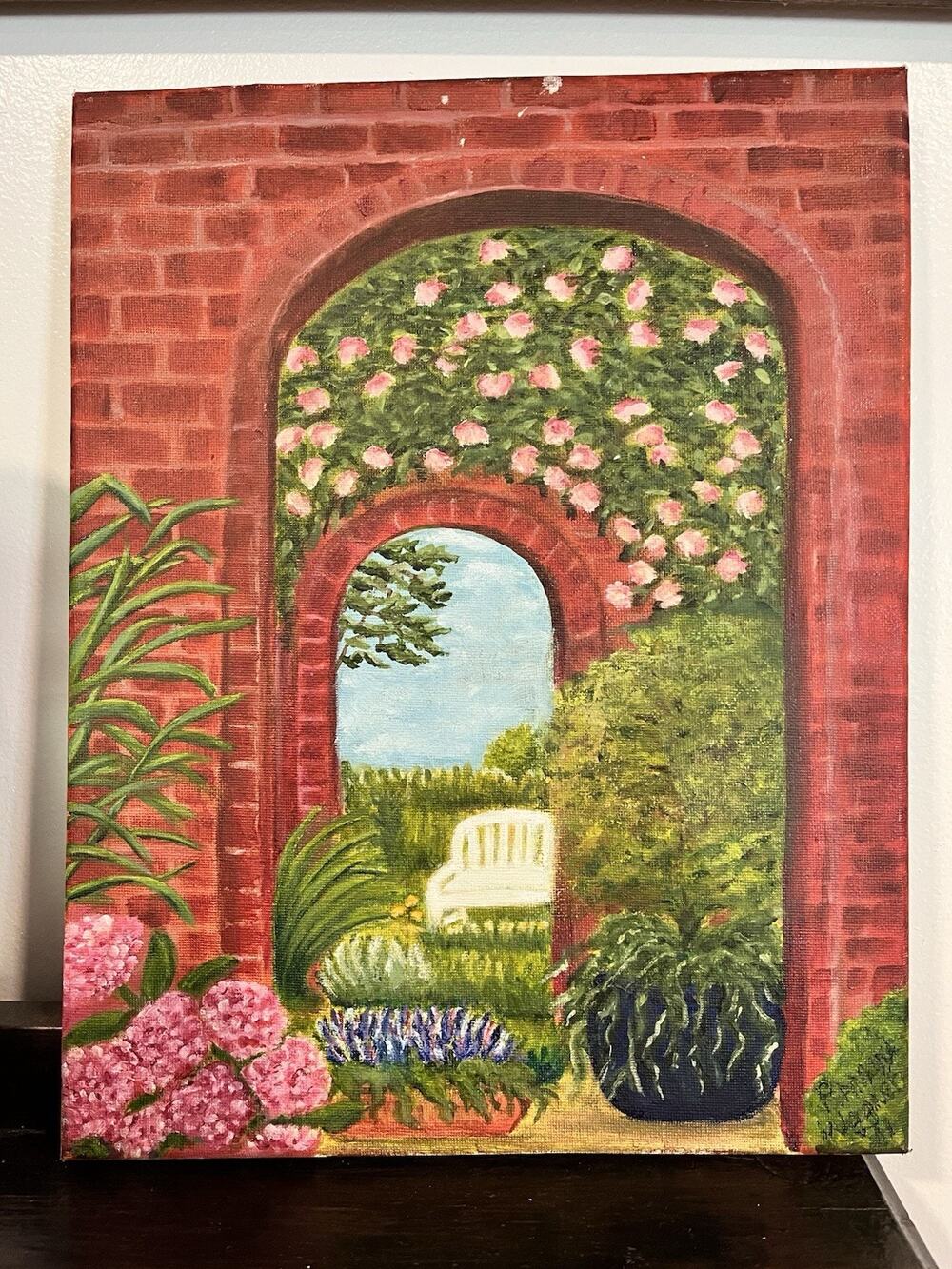 Secret Garden Acrylic Painting 14 X 11 Original Folk Art Rustic Bricks Floral